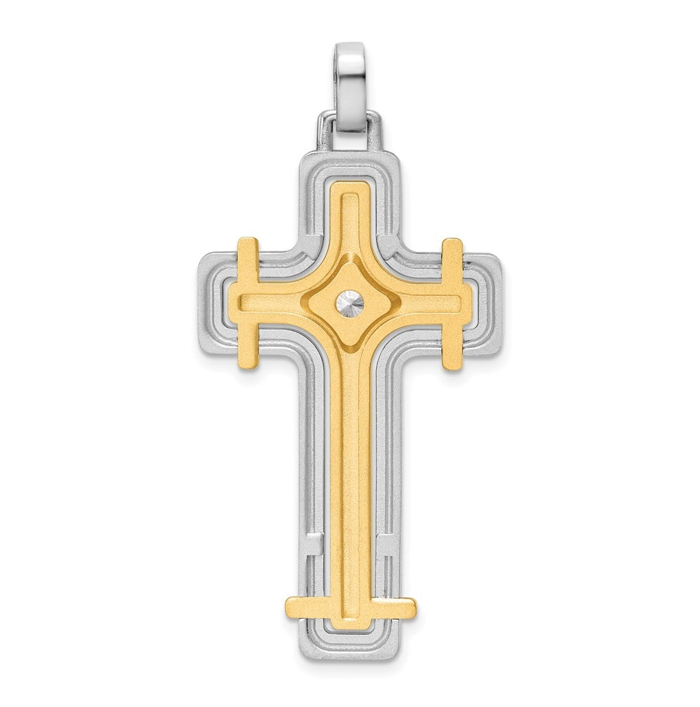 14K Two-tone IBGoodman Brush & Polish Lab Grown Dia. Cross Pendant