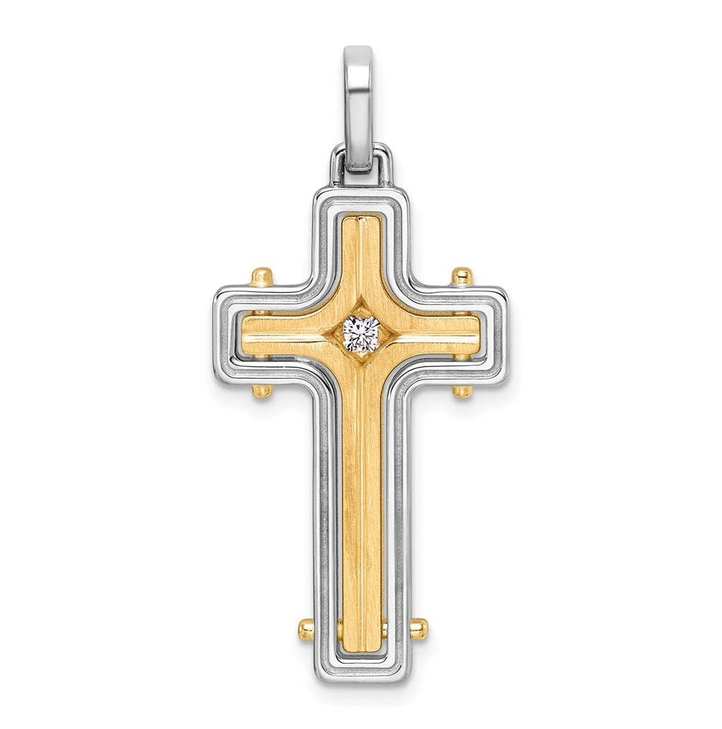14K Two-tone IBGoodman Brush & Polish Lab Grown Dia. Cross Pendant