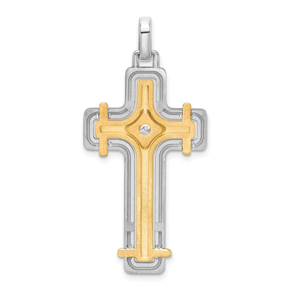 14K Two-tone IBGoodman Brush & Polish Lab Grown Dia. Cross Pendant