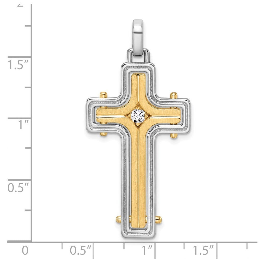 14K Two-tone IBGoodman Brush & Polish Lab Grown Dia. Cross Pendant