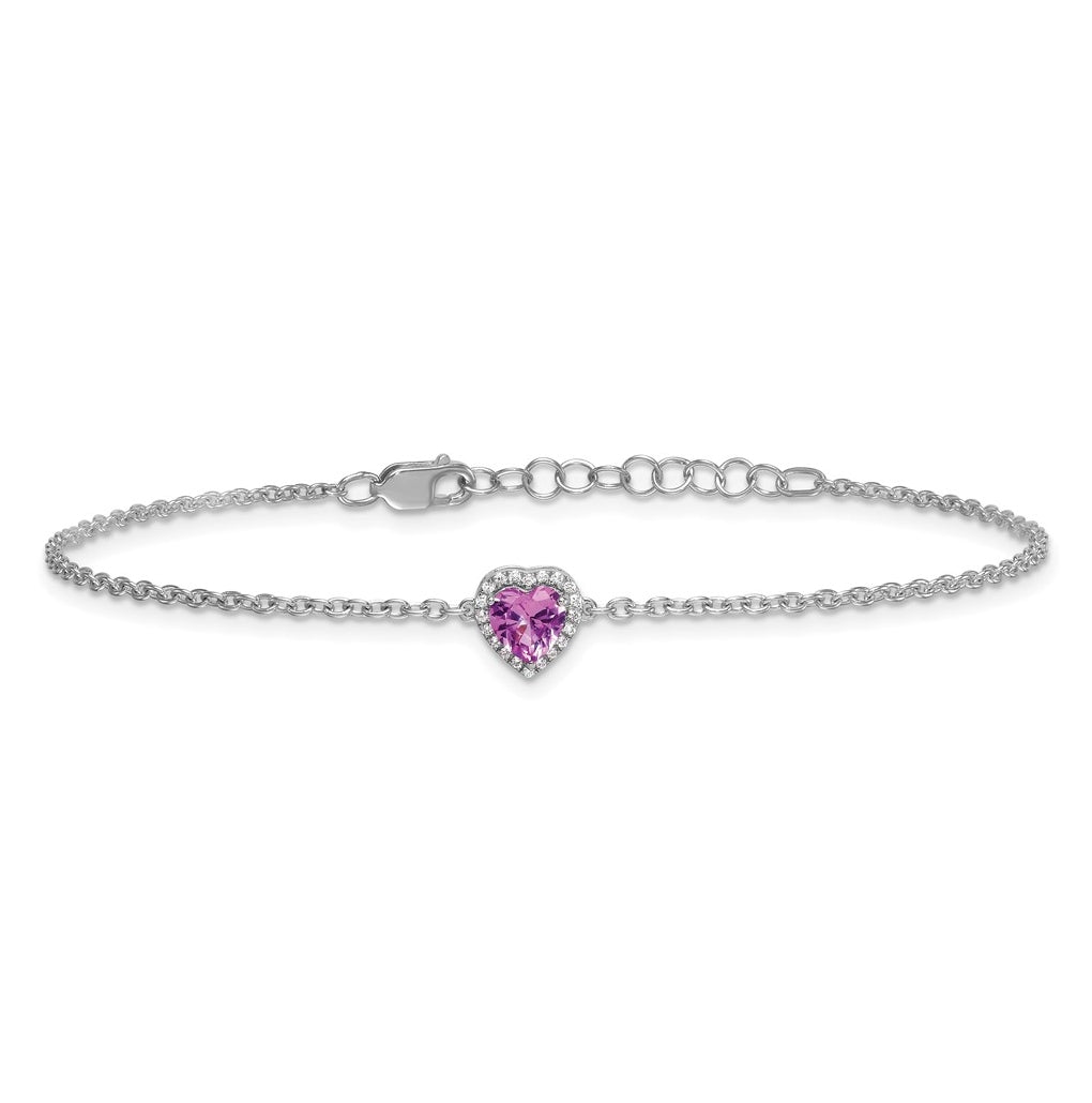 14k White Gold 1/20 carat Lab Grown Diamond VS+ F+ and Natural Pink Sapphire with 1 inch extension Complete Halo Heart Fashion Link Bracelet