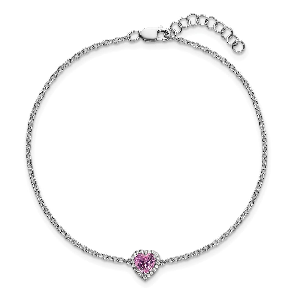 14k White Gold 1/20 carat Lab Grown Diamond VS+ F+ and Natural Pink Sapphire with 1 inch extension Complete Halo Heart Fashion Link Bracelet