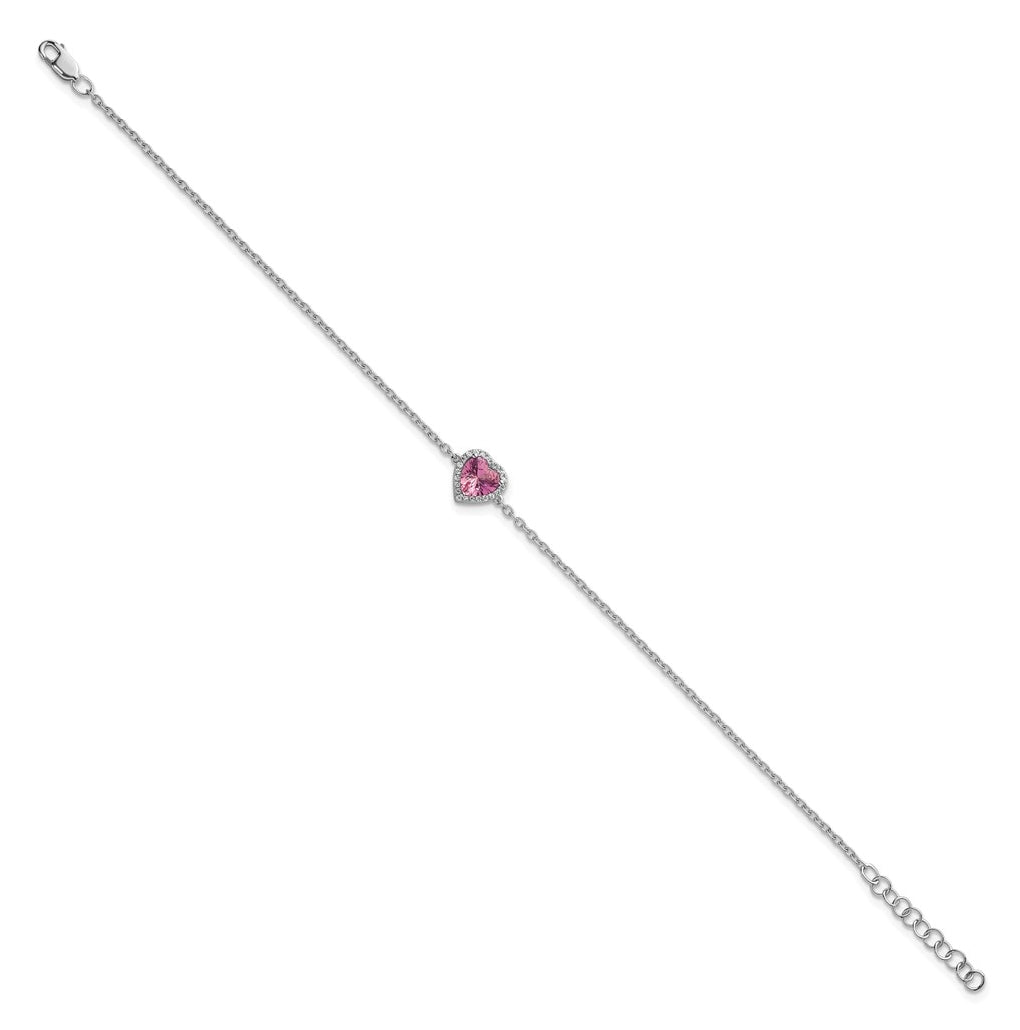 14k White Gold 1/15 carat Lab Grown Diamond VS+ F+ and Natural Pink Sapphire with 1 inch extension Complete Halo Heart Fashion Link Bracelet