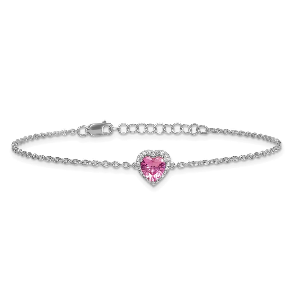 14k White Gold 1/15 carat Lab Grown Diamond VS+ F+ and Natural Pink Sapphire with 1 inch extension Complete Halo Heart Fashion Link Bracelet