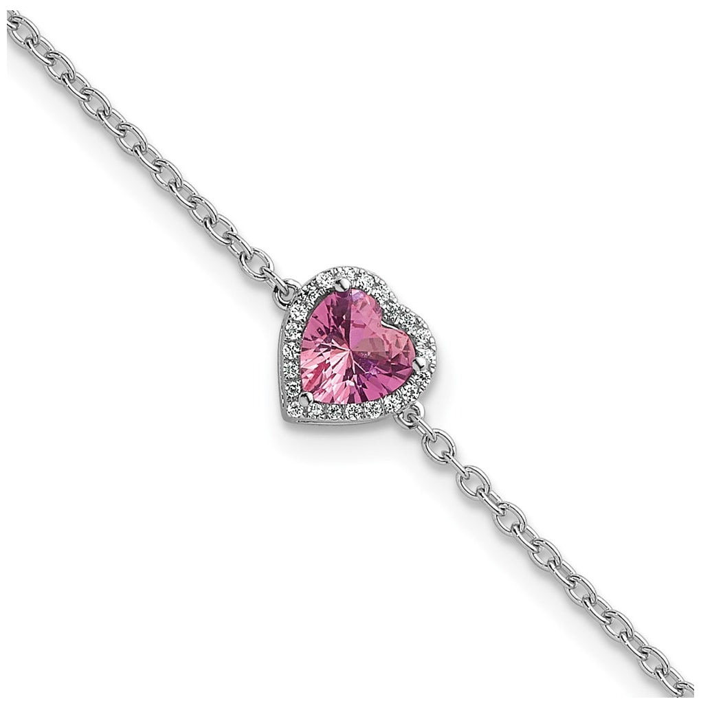 14k White Gold 1/15 carat Lab Grown Diamond VS+ F+ and Natural Pink Sapphire with 1 inch extension Complete Halo Heart Fashion Link Bracelet