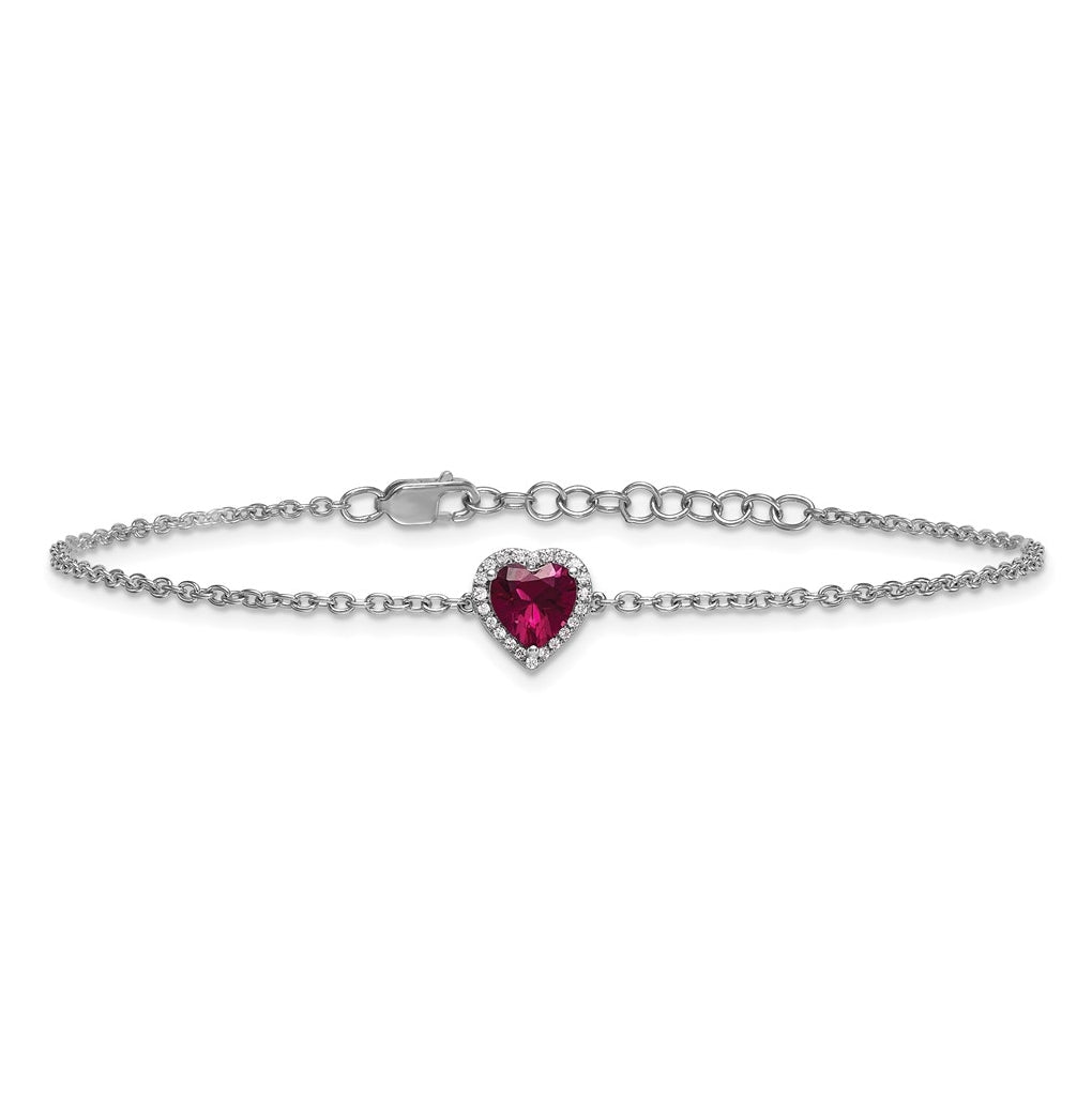 14k White Gold 1/15 carat Lab Grown Diamond VS+ F+ and Natural Ruby with 1 inch extension Complete Halo Heart Fashion Link Bracelet