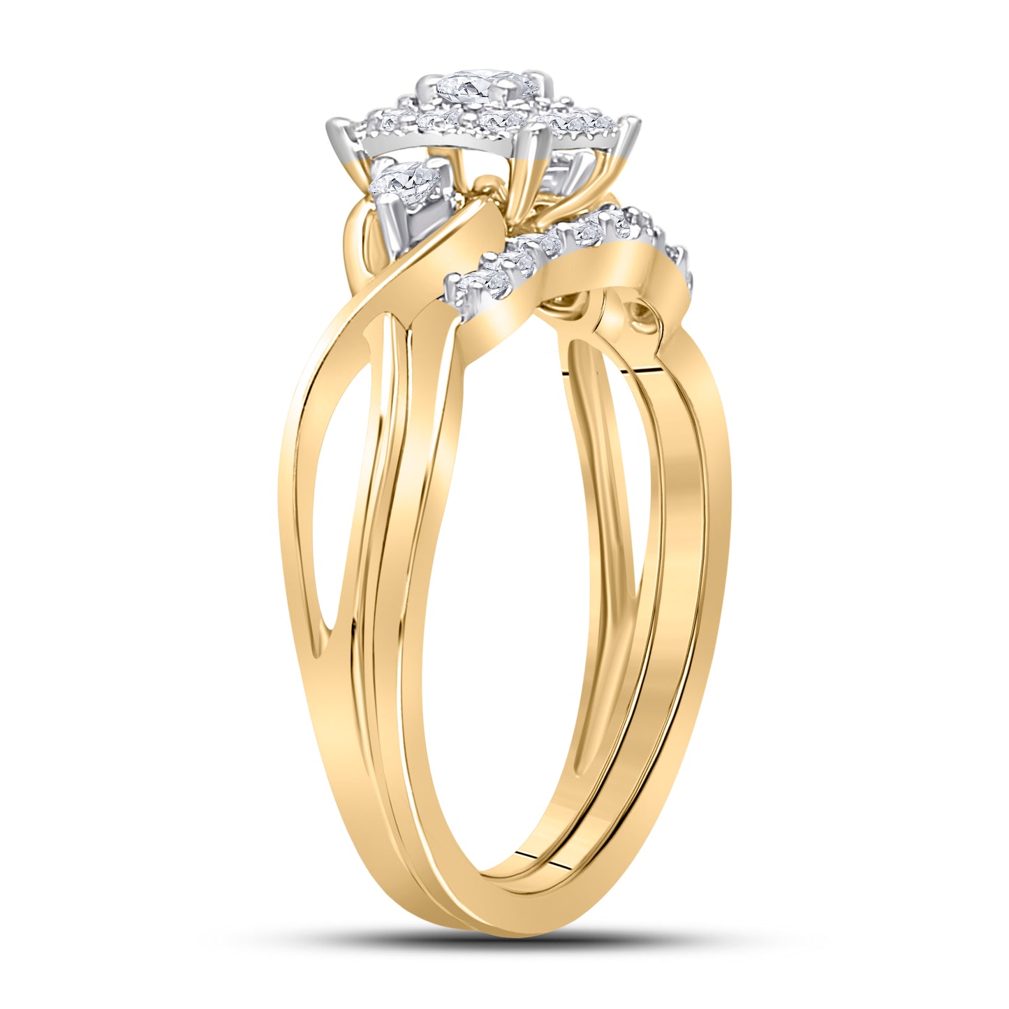 10kt Yellow Gold Womens Round Diamond Halo Twist Bridal Wedding Engagement Ring Band Set 1/3 Cttw