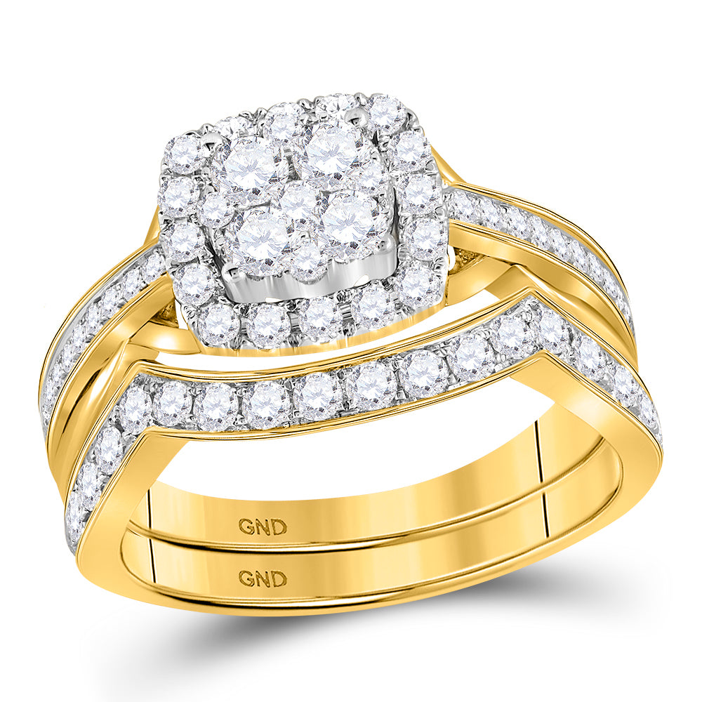14K Yellow Gold Round Diamond Cluster Bridal Wedding Ring Band Set 1 Cttw, Womens Size: 5-10