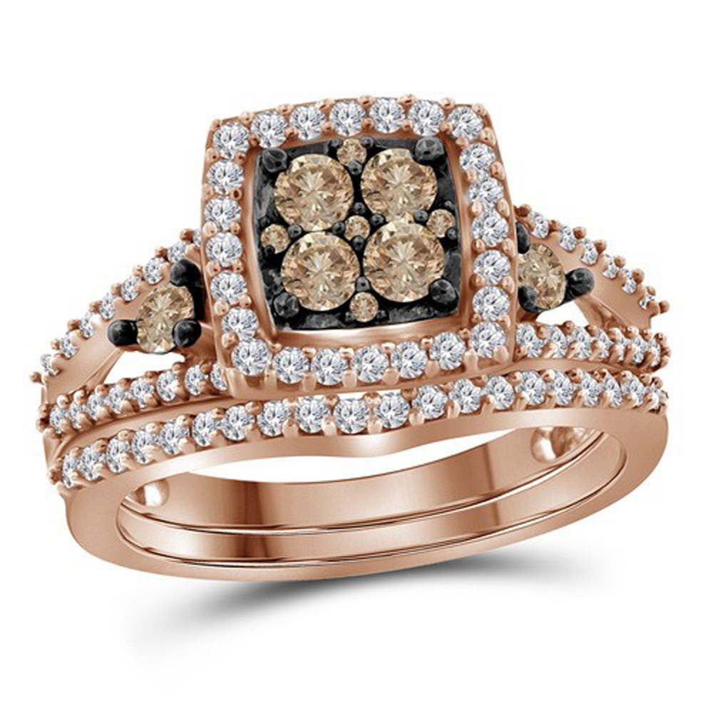 10kt Rose Gold Womens Round Brown Diamond Bridal Wedding Engagement Ring Band Set 1.00ctw