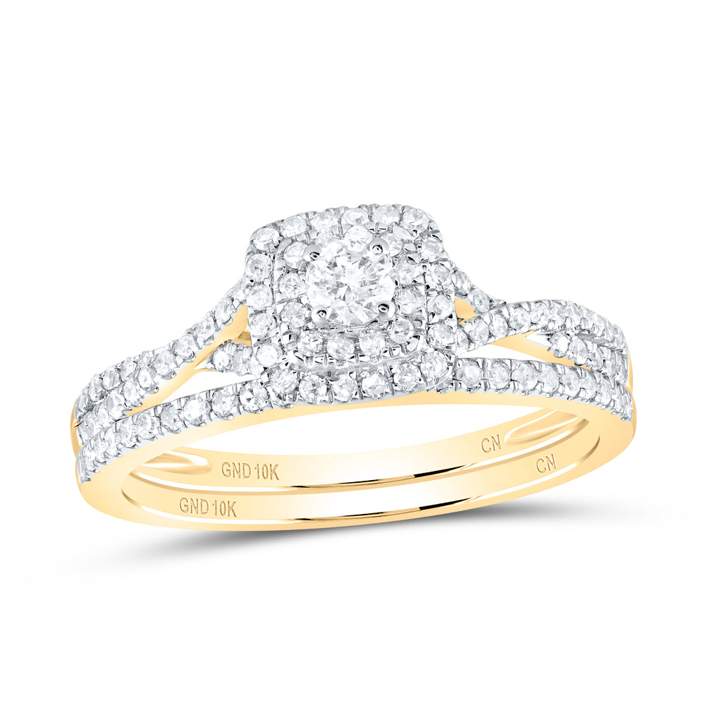 10K Yellow Gold Round Diamond Halo Bridal Wedding Ring Band Set 1/2 Cttw, Womens Size: 5-10