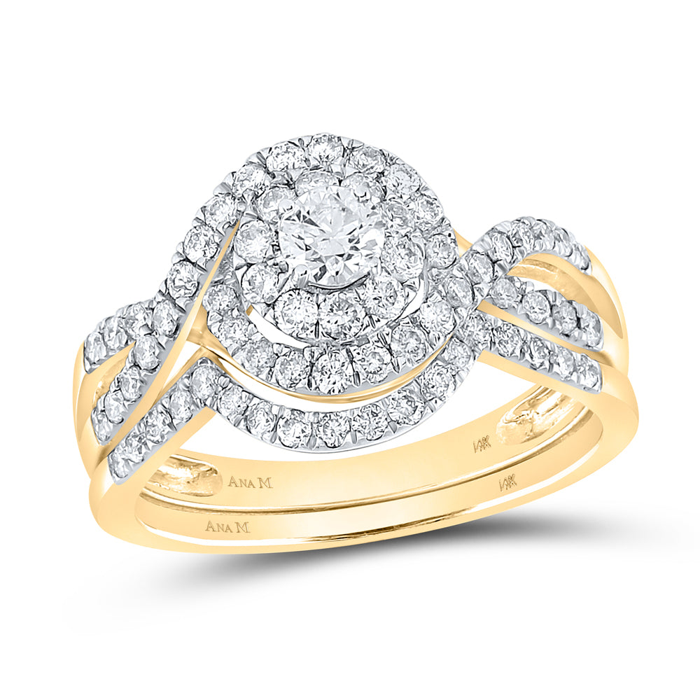14K Yellow Gold Round Diamond Swirl Bridal Wedding Ring Band Set 1 Cttw, Womens Size: 5-10