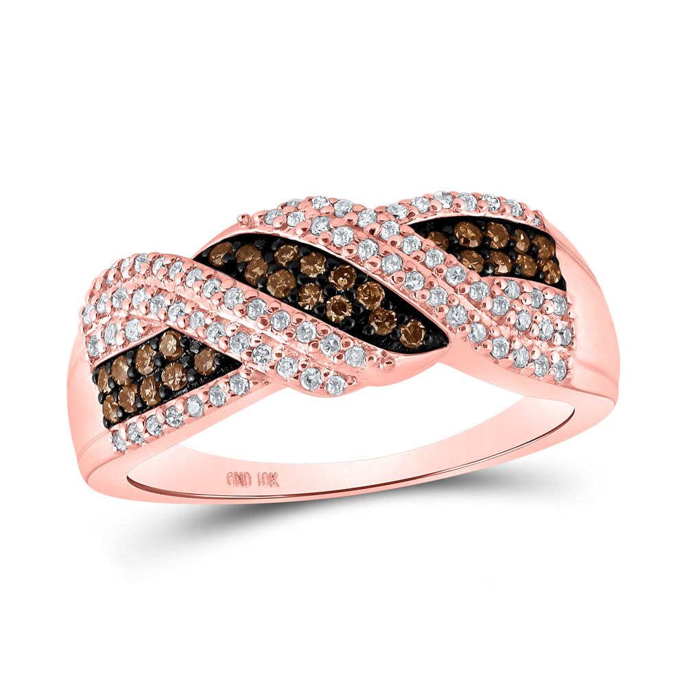 10K Rose Gold Womens Round Brown Diamond Crossover Band Ring 3/8 Cttw, Womens Size: 5-10