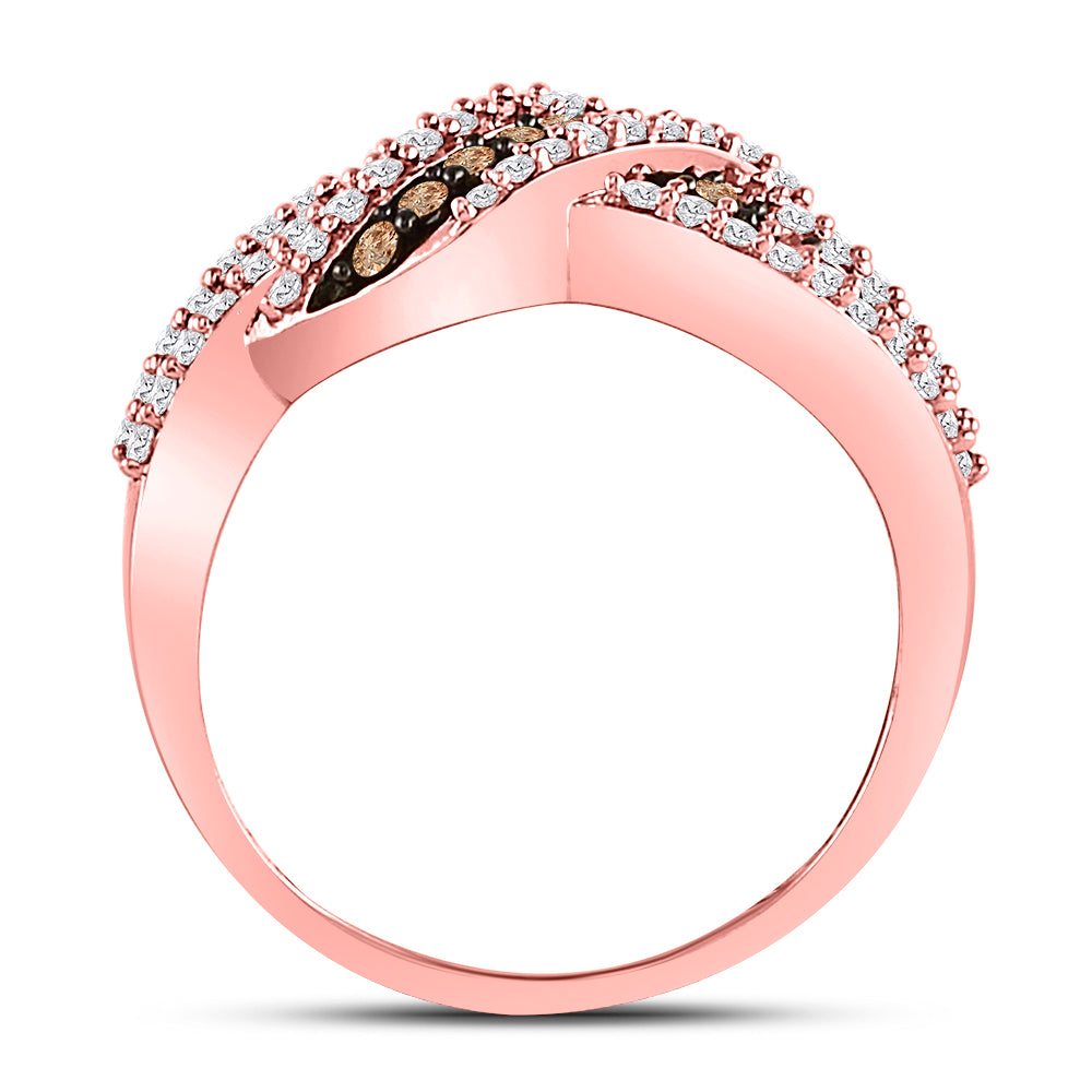10K Rose Gold Womens Round Brown Diamond Crossover Band Ring 3/4 Cttw, Womens Size: 5-10