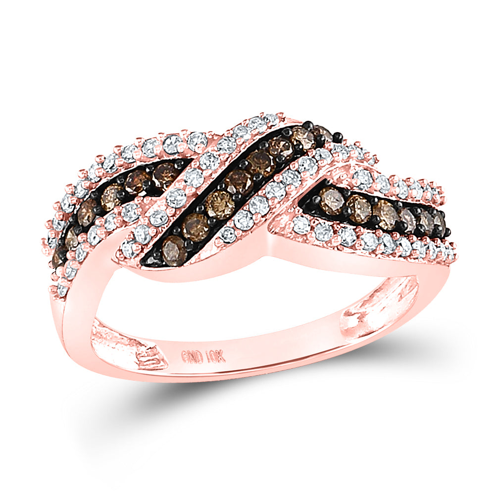 10K Rose Gold Womens Round Brown Diamond Crossover Band Ring 3/4 Cttw, Womens Size: 5-10