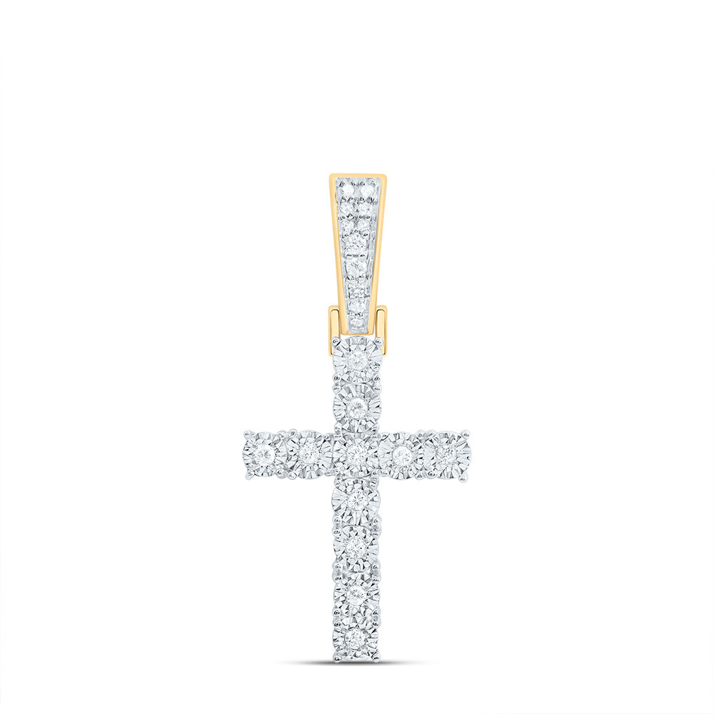 10K Yellow Gold Mens Round Diamond Cross Charm Pendant 1/8 Cttw