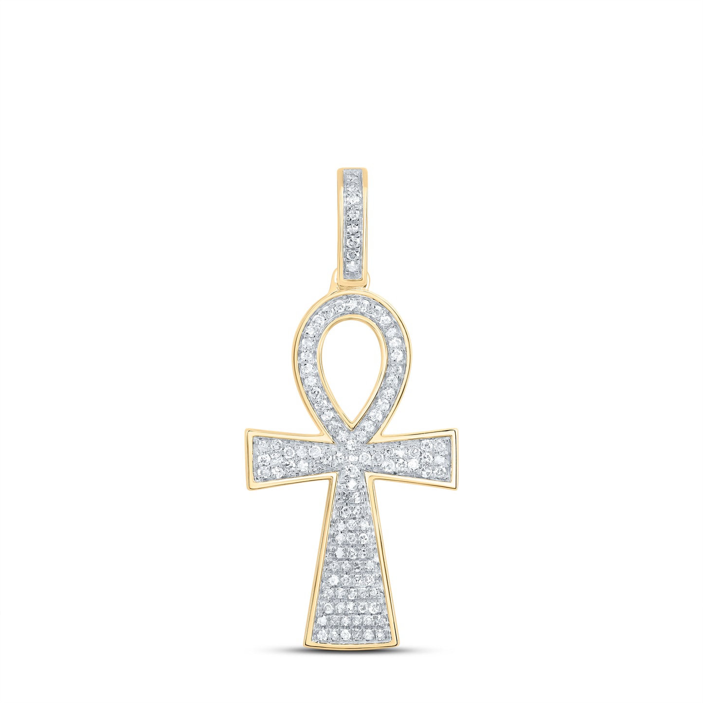 10K Yellow Gold Mens Round Diamond Ankh Cross Charm Pendant 1/3 Cttw, Length: 1.35 In, Width: 0.61 In