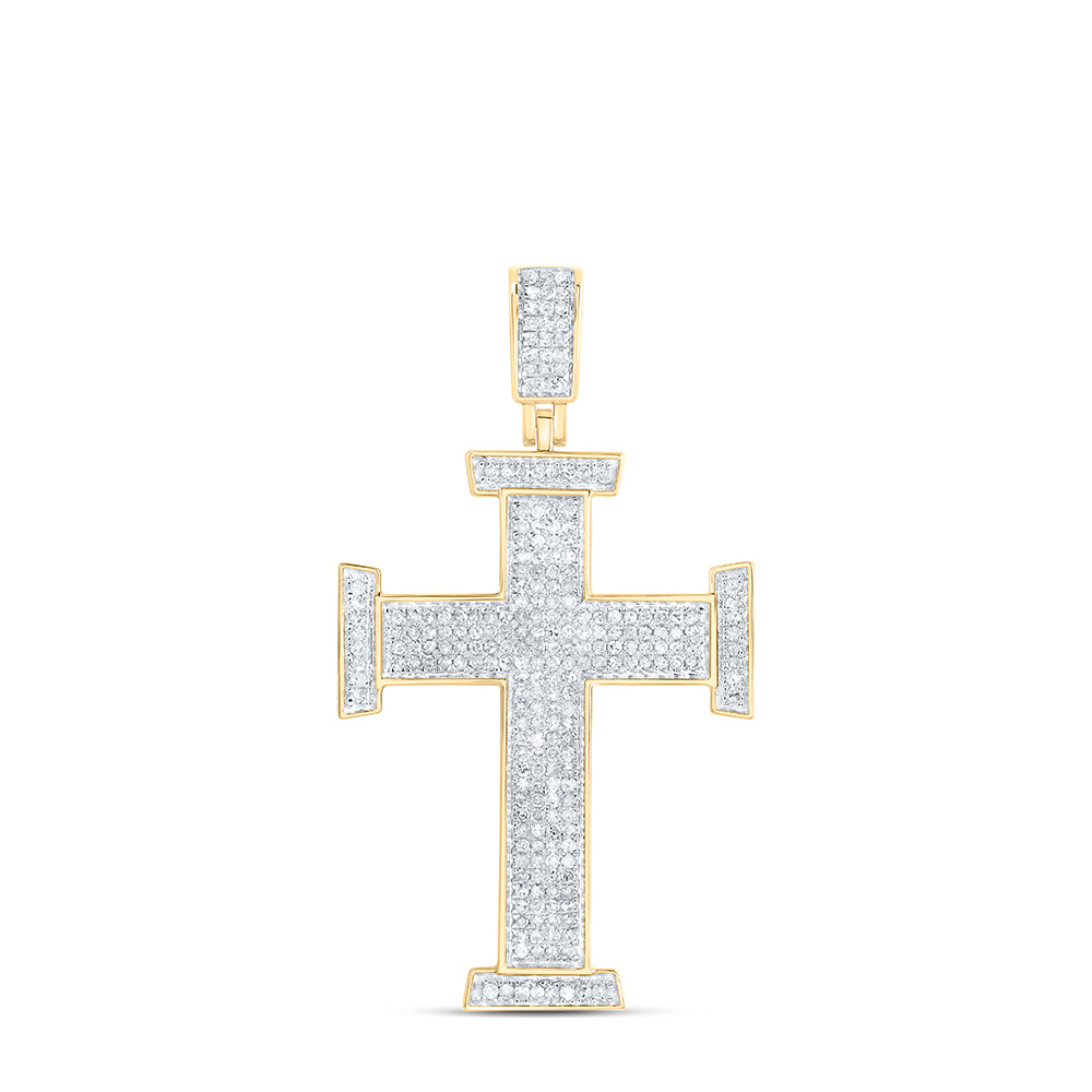 10K Yellow Gold Men's Round Dia. Cross Charm Pendant 3/4ctw