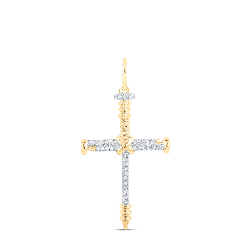 10K Yellow Gold Mens Round Diamond Nail Cross Charm Pendant 1/5 Cttw