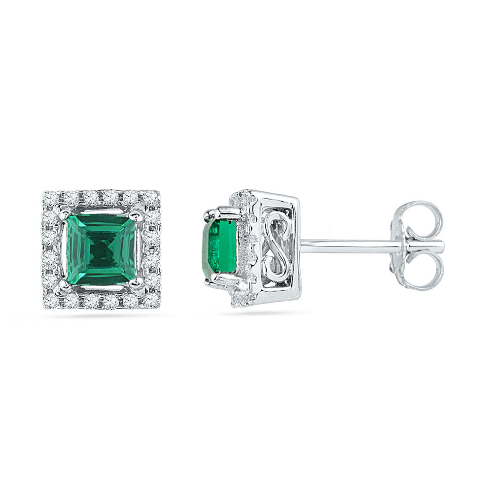 10K White Gold Womens Princess Synthetic Emerald Stud Earrings 1/8 Cttw, Length: 0.26 In, Width: 0.26 In