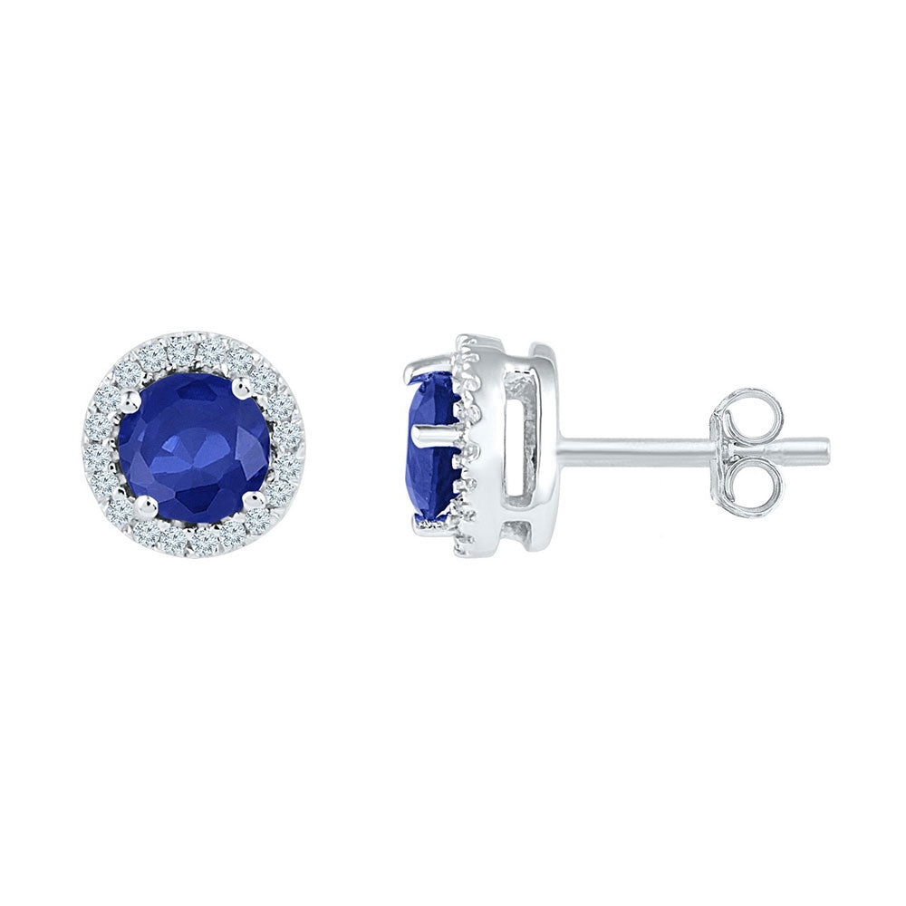 10K White Gold Womens Round Synthetic Blue Sapphire Diamond Stud Earrings 1-1/2 Cttw, Length: 0.28 In, Width: 0.28 In
