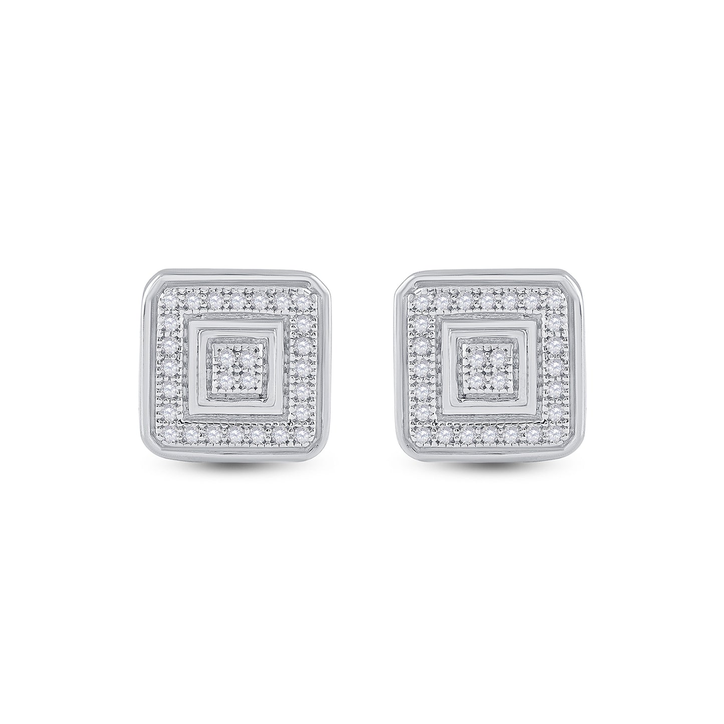 10K White Gold Womens Round Diamond Square Earrings 1/6ctw