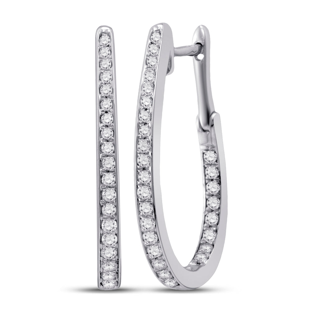 10kt White Gold Womens Round Diamond Inside-outside Oblong Hoop Earrings 1/2 Cttw
