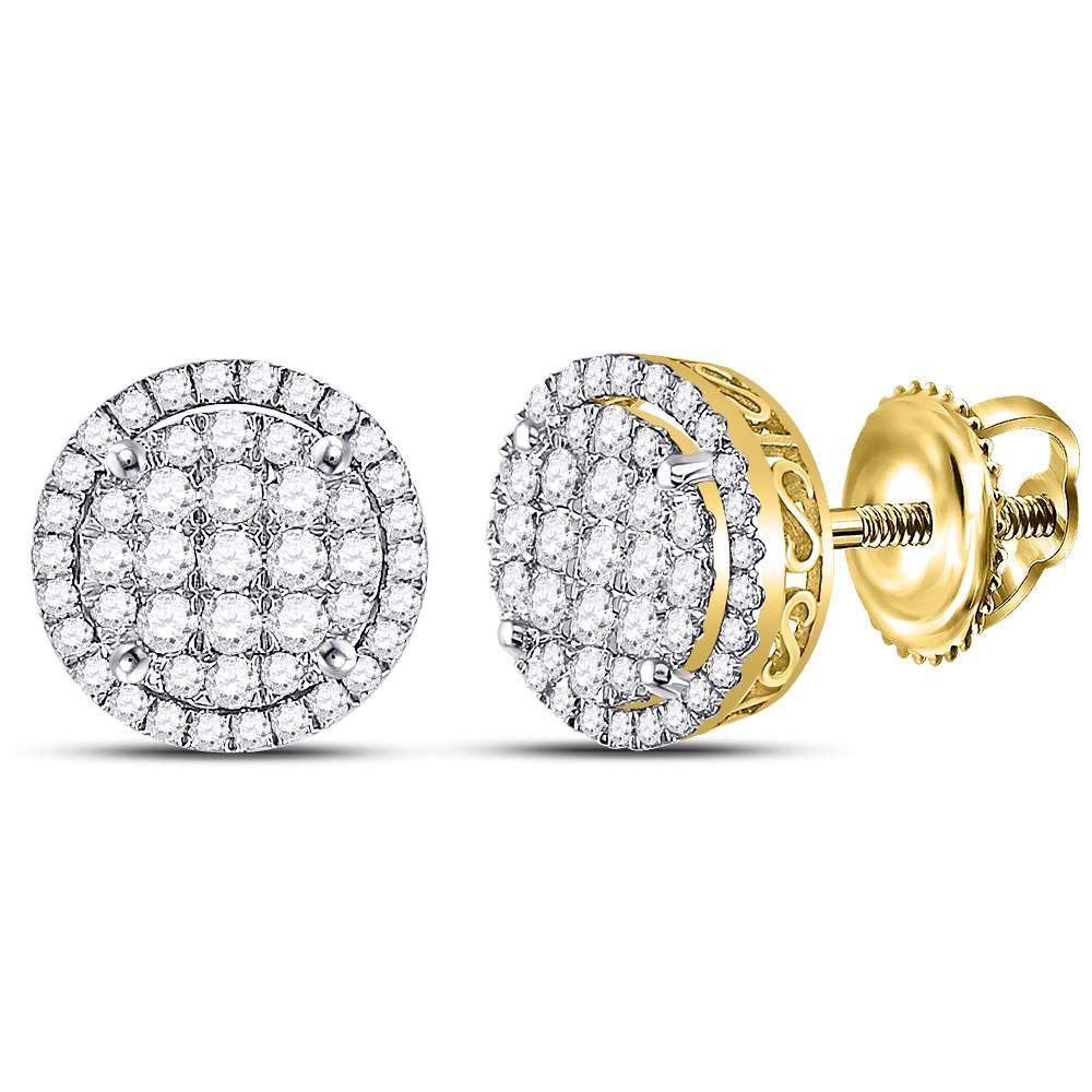 14K Yellow Gold Womens Round Diamond Circle Frame Cluster Earrings 1-1/4 Cttw