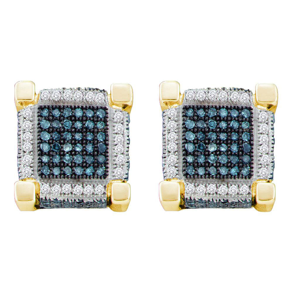 10kt Yellow Gold Mens Round Blue Color Enhanced Diamond Square Earrings 1.00 Cttw