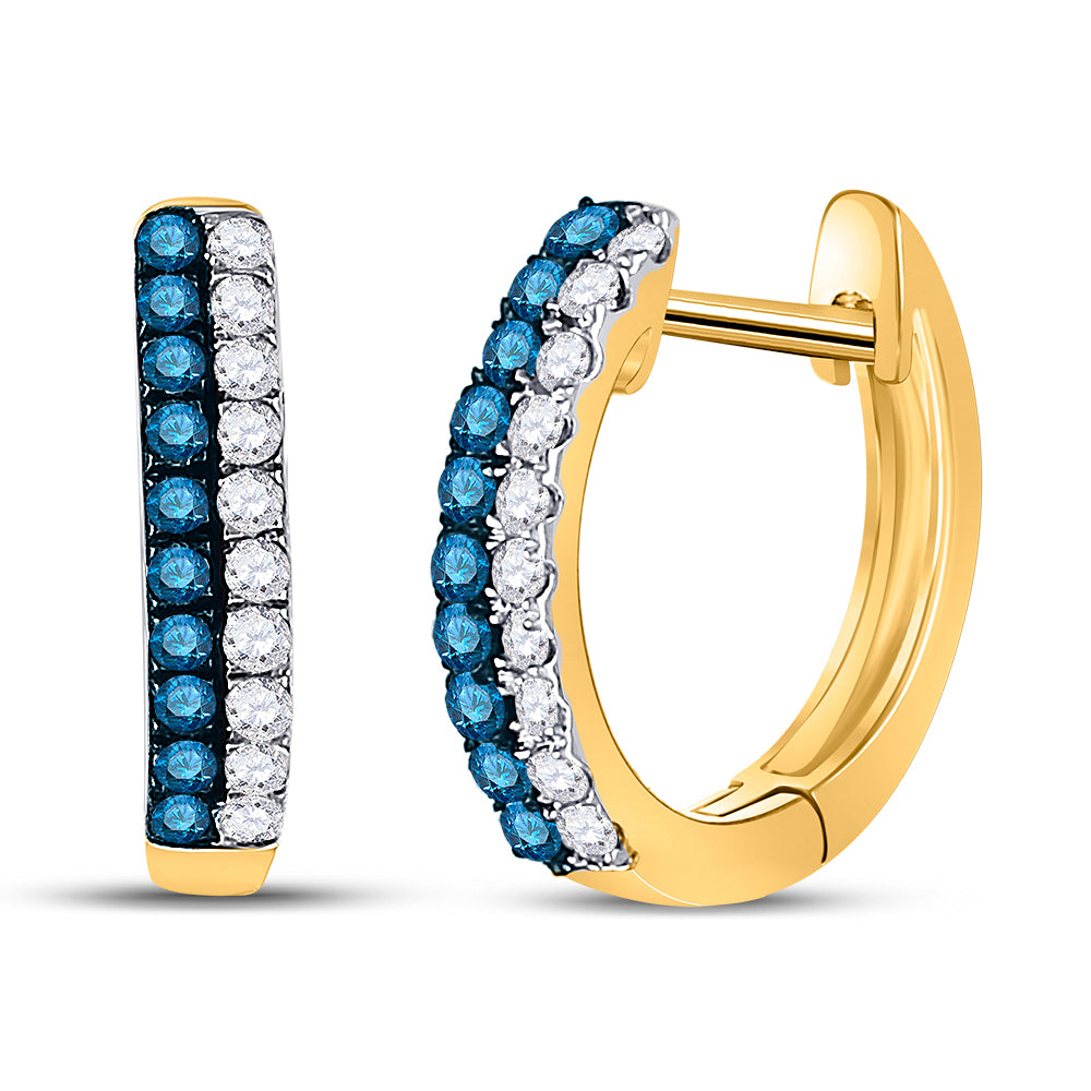 10K White Or Yellow Gold Womens Round Blue Color Enhanced Diamond Huggie Earrings