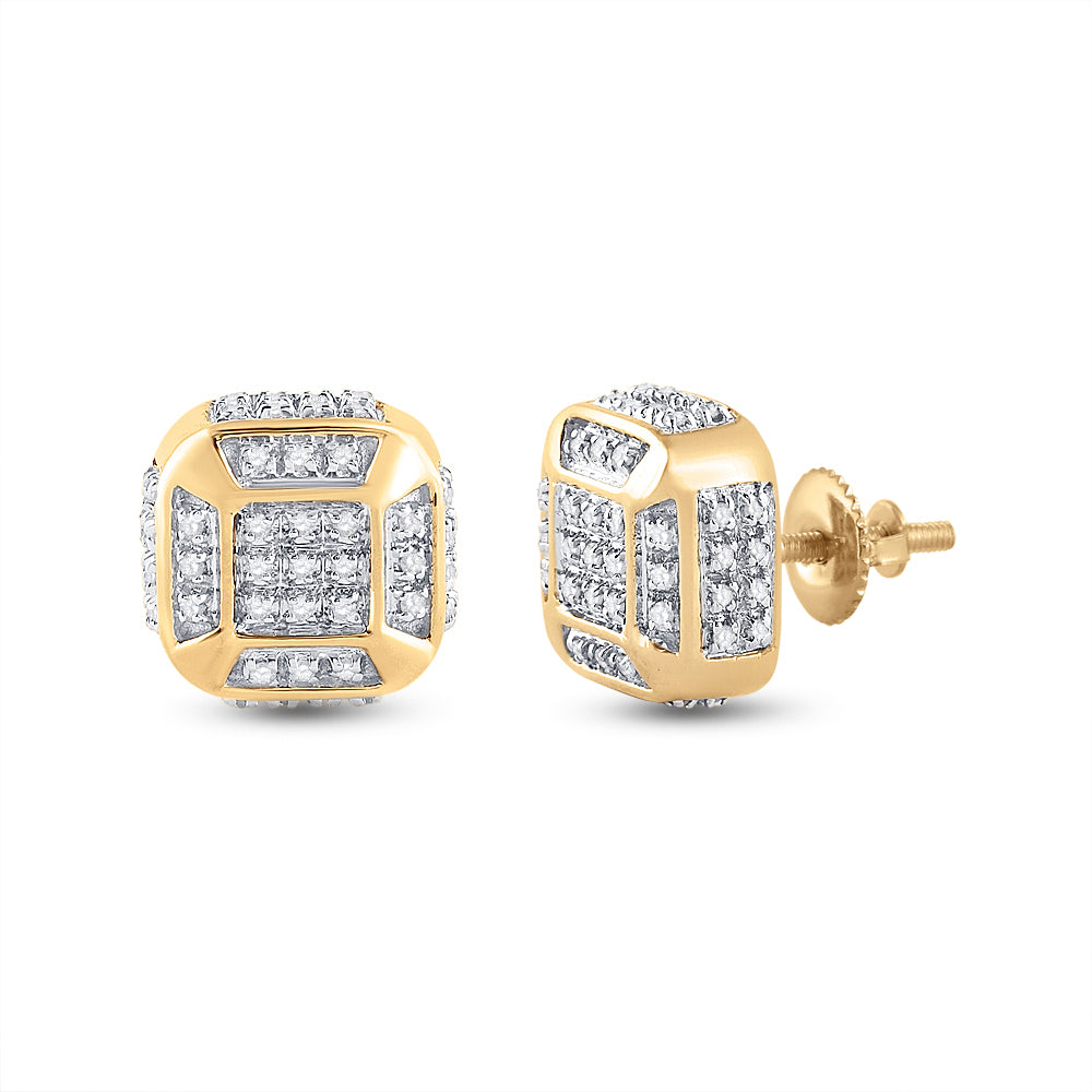 10K Yellow Gold Round Diamond Cushion Cluster Earrings 1/4 Cttw