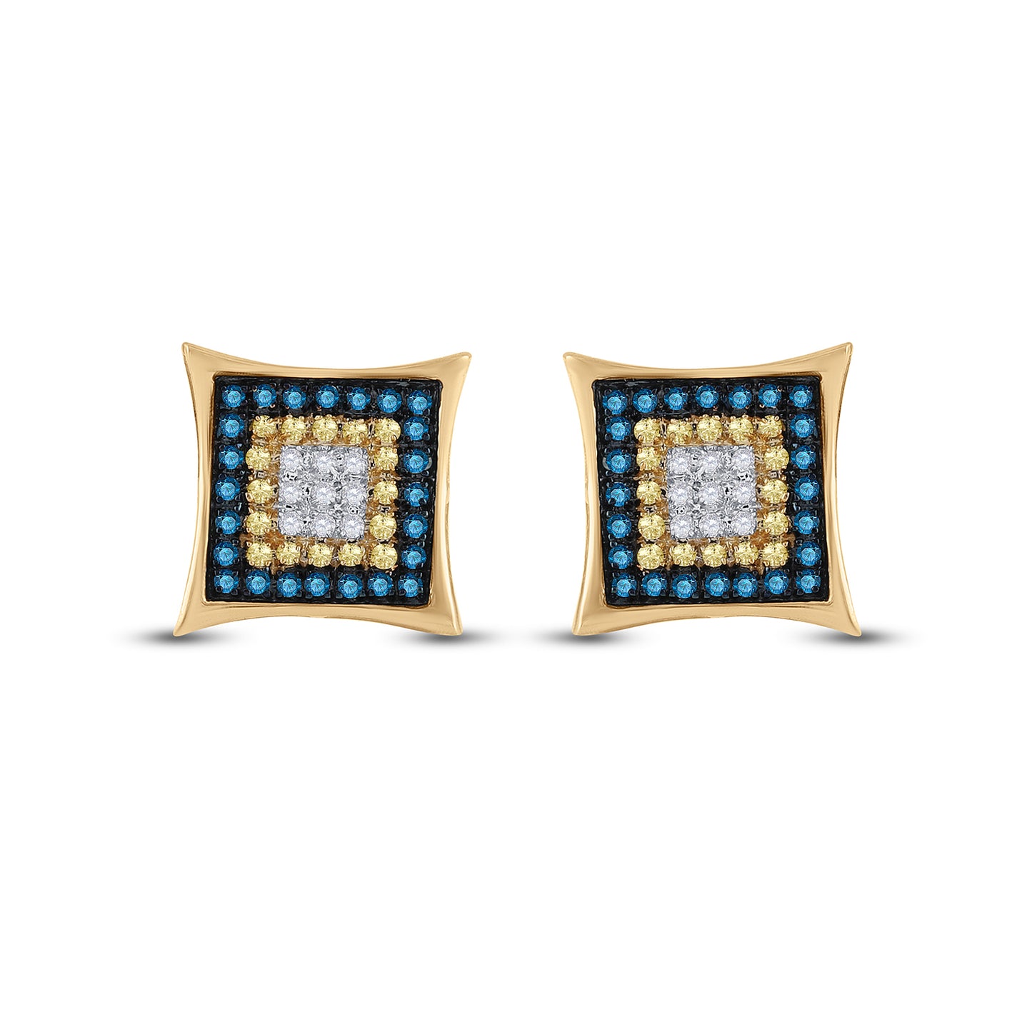 10kt Yellow Gold Mens Yellow Blue Color Enhanced Diamond Square Cluster Earrings 1/3 Cttw