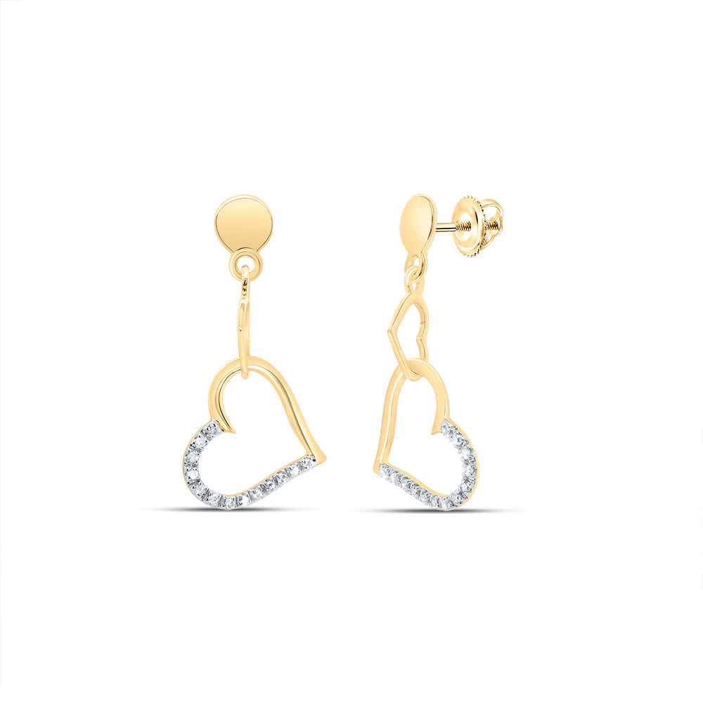 14K Yellow Gold Womens Round Diamond Heart Dangle Earrings 1/10 Cttw