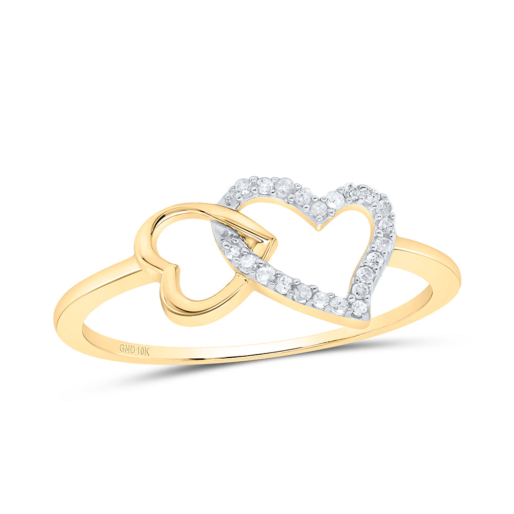 10K Yellow Gold Womens Round Diamond Double Heart Ring 1/20ctw, Womens Size: 5-10