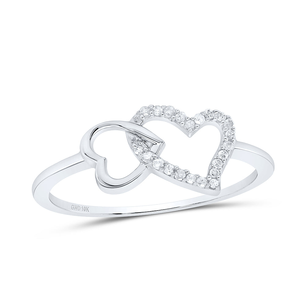 10K White Gold Womens Round Diamond Double Heart Ring 1/20 Cttw, Womens Size: 5-10