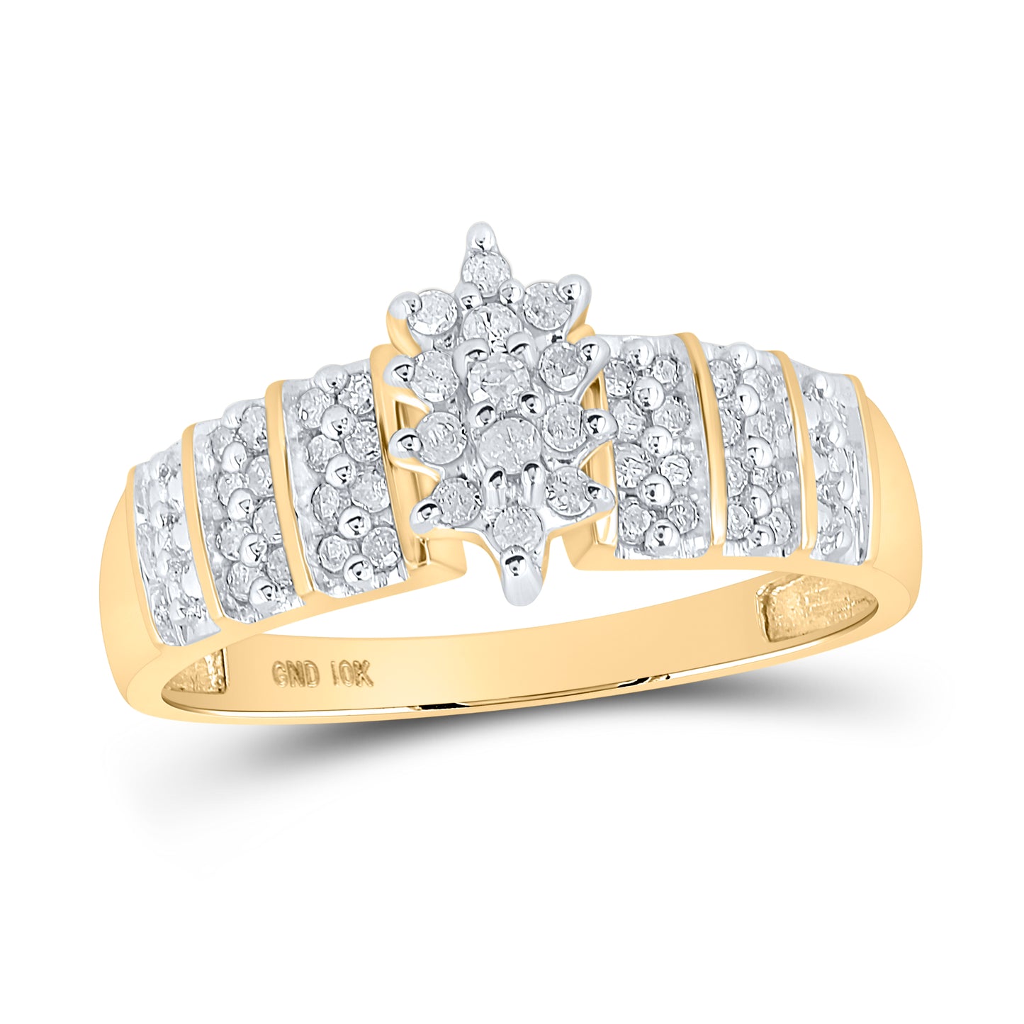 10K Yellow Gold Womens Round Prong-set Diamond Oval Cluster Ring 1/4 Cttw, Womens Size: 5-10