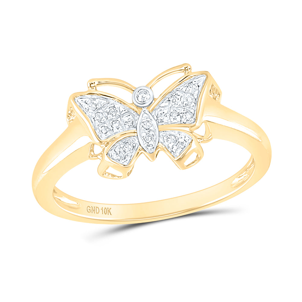 10K Yellow Gold Womens Round Diamond Butterfly Ring 1/20 Cttw, Womens Size: 5-10