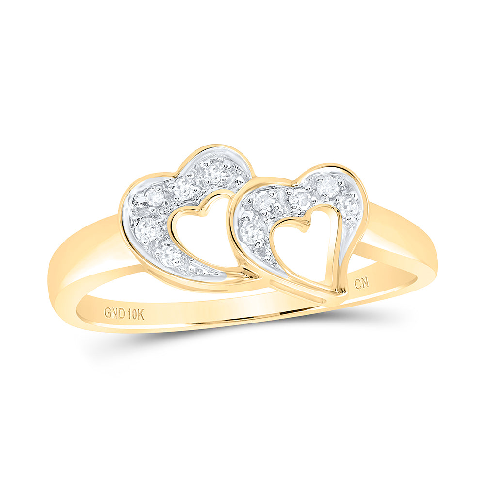 10K Yellow Gold Womens Round Diamond Double Heart Ring 1/20 Cttw, Womens Size: 5-10
