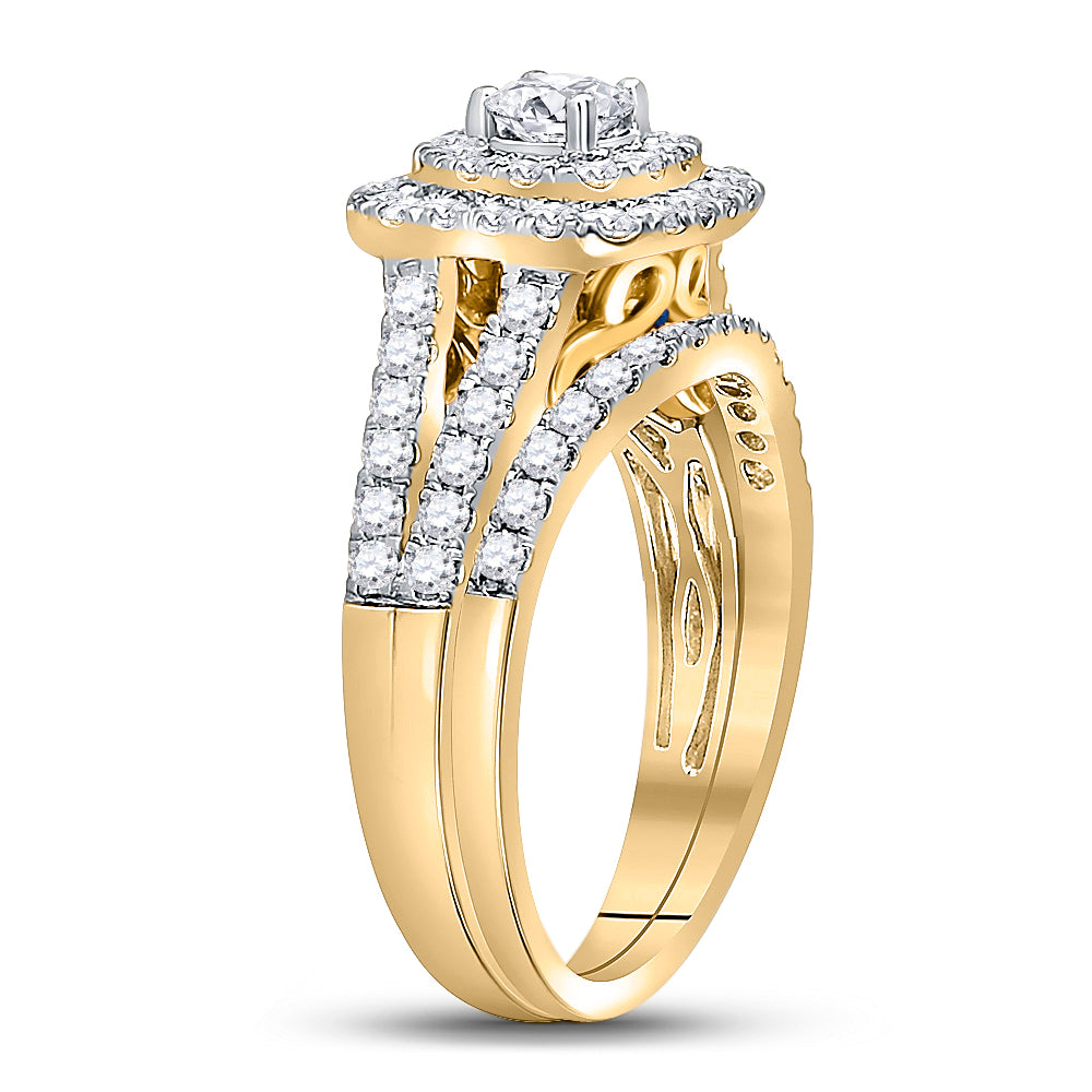 14K Yellow Gold Round Diamond Halo Bridal Wedding Ring Band Set 1-1/4 Cttw, Womens Size: 5-10