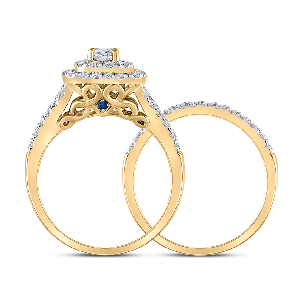 14K Yellow Gold Round Diamond Halo Bridal Wedding Ring Band Set 1-1/4 Cttw, Womens Size: 5-10