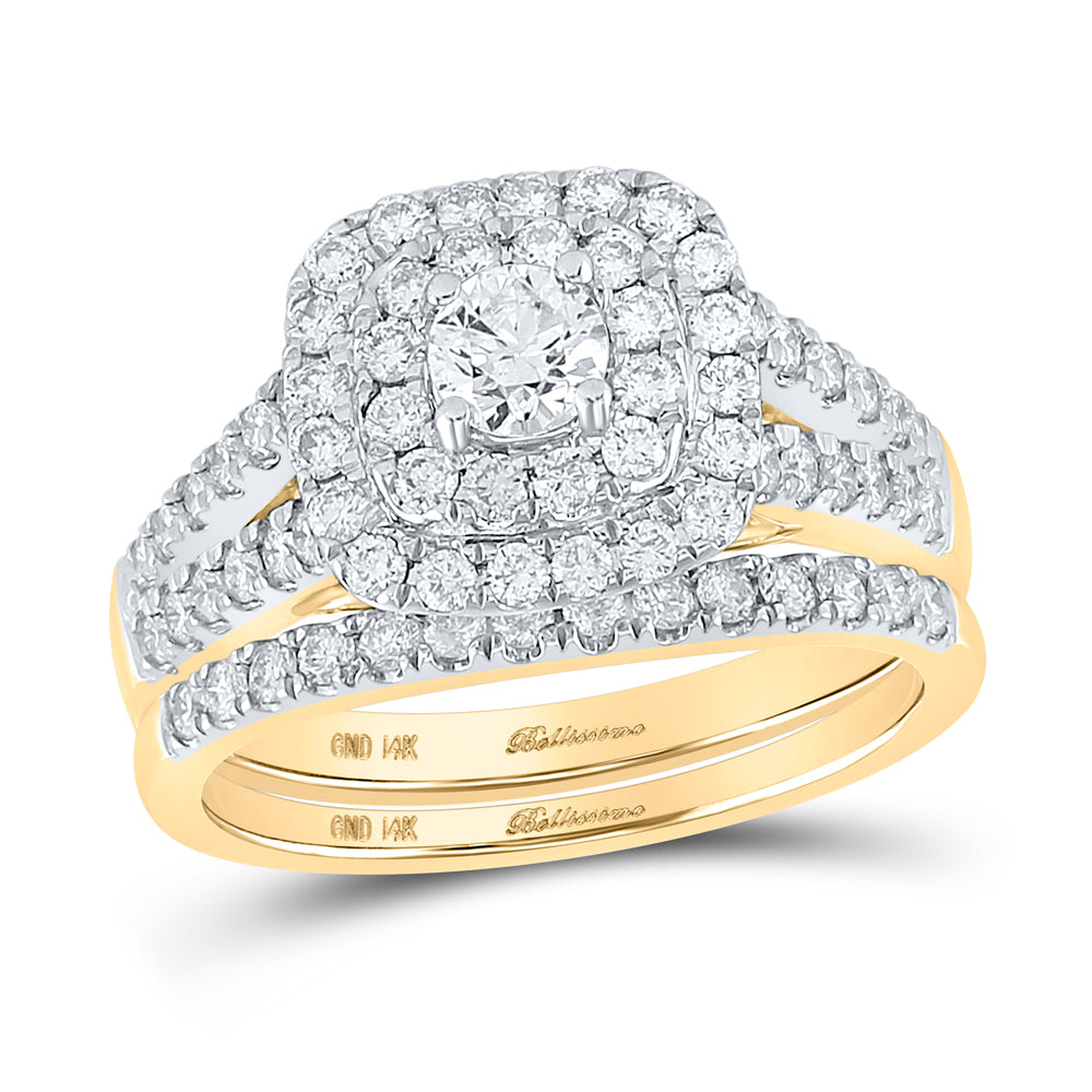 14K Yellow Gold Round Diamond Halo Bridal Wedding Ring Band Set 1-1/4 Cttw, Womens Size: 5-10