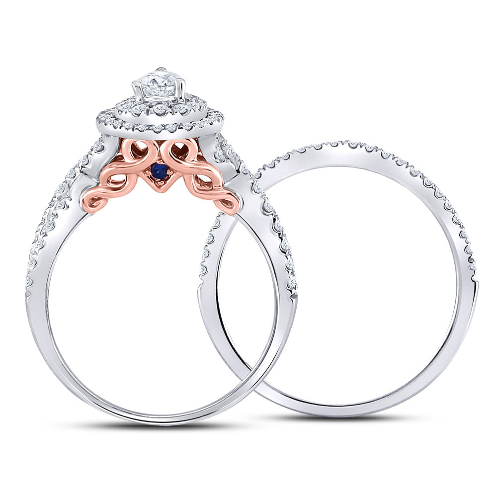 14K Two-tone Gold Pear Diamond Halo Bridal Wedding Ring Band Set 1 Cttw, Womens Size: 5-10