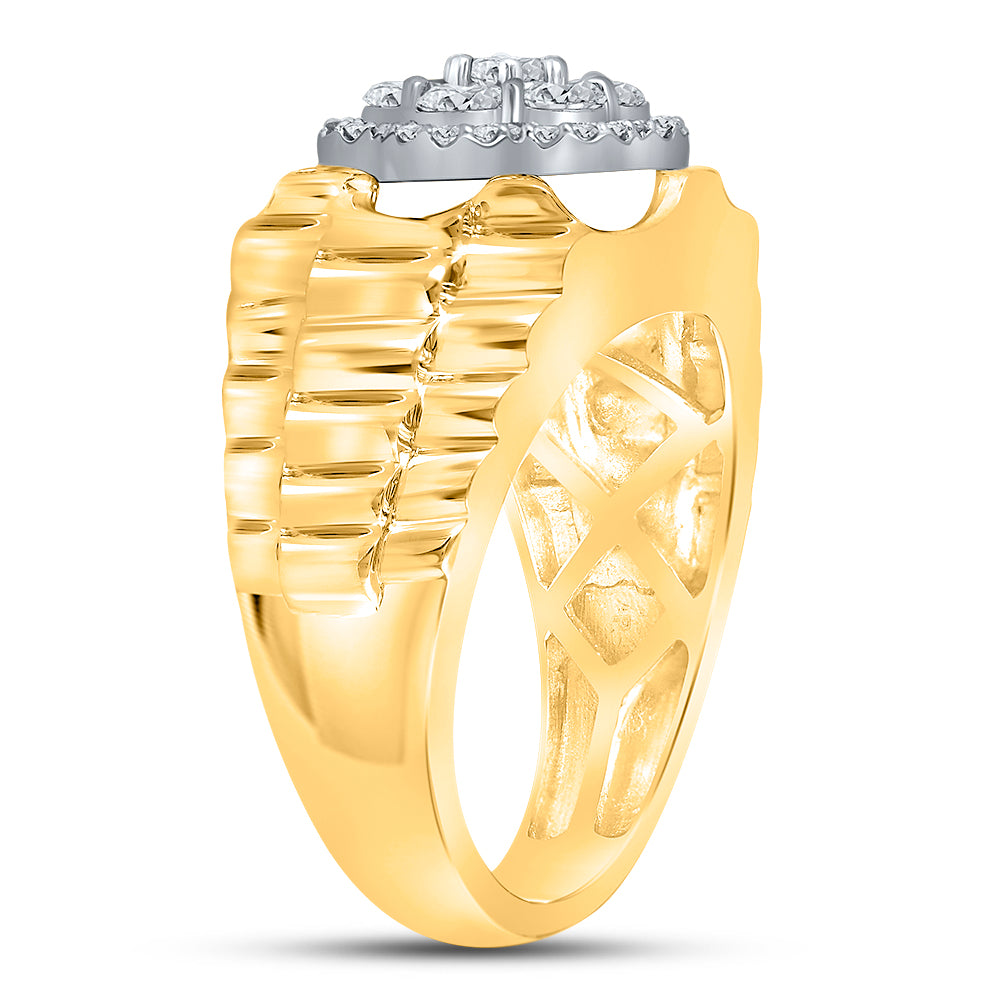 10K Two-tone Yellow White Gold Mens Round Diamond Flower Cluster Ribbed Ring 1 Cttw, Mens Size: 7-13