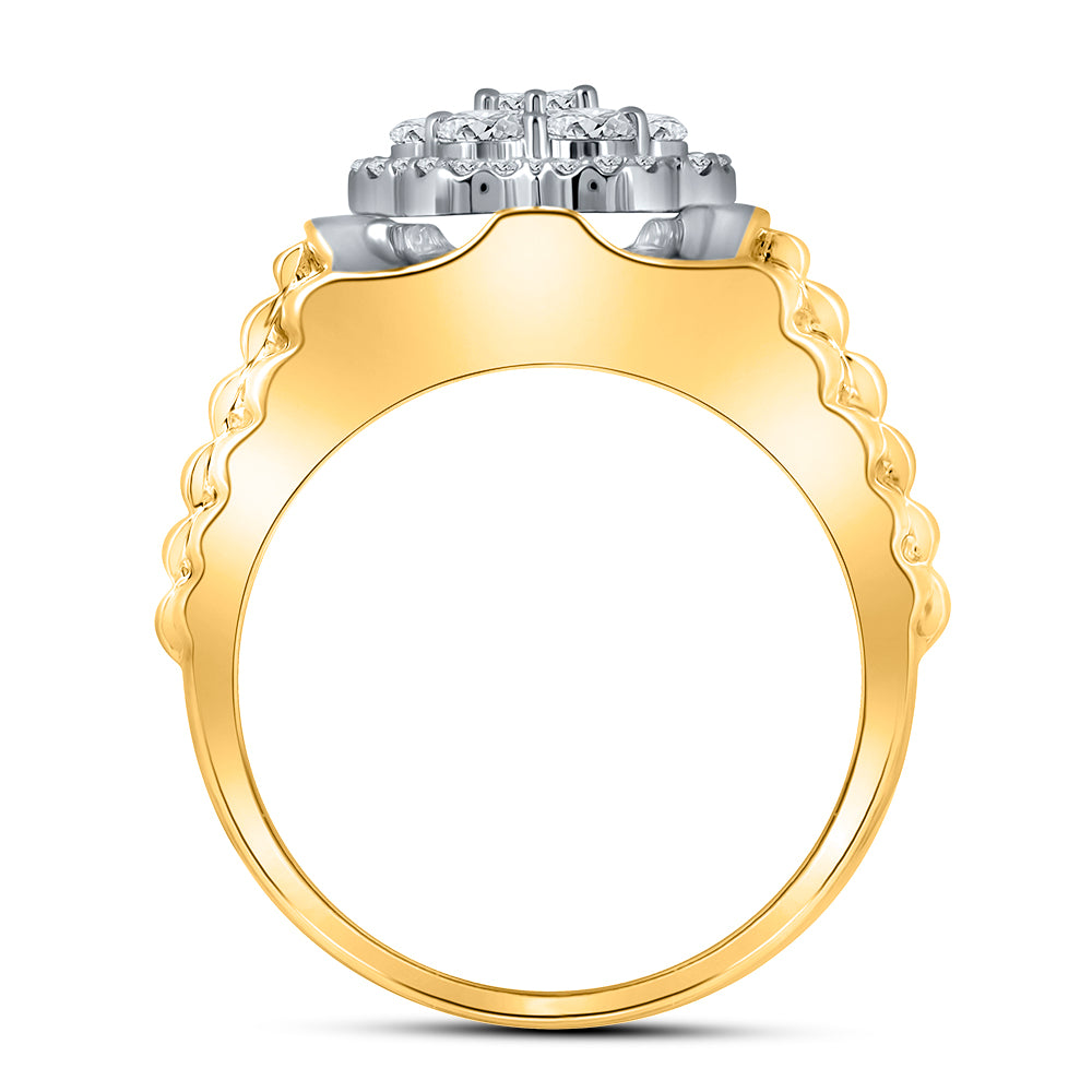 10K Two-tone Yellow White Gold Mens Round Diamond Flower Cluster Ribbed Ring 1 Cttw, Mens Size: 7-13