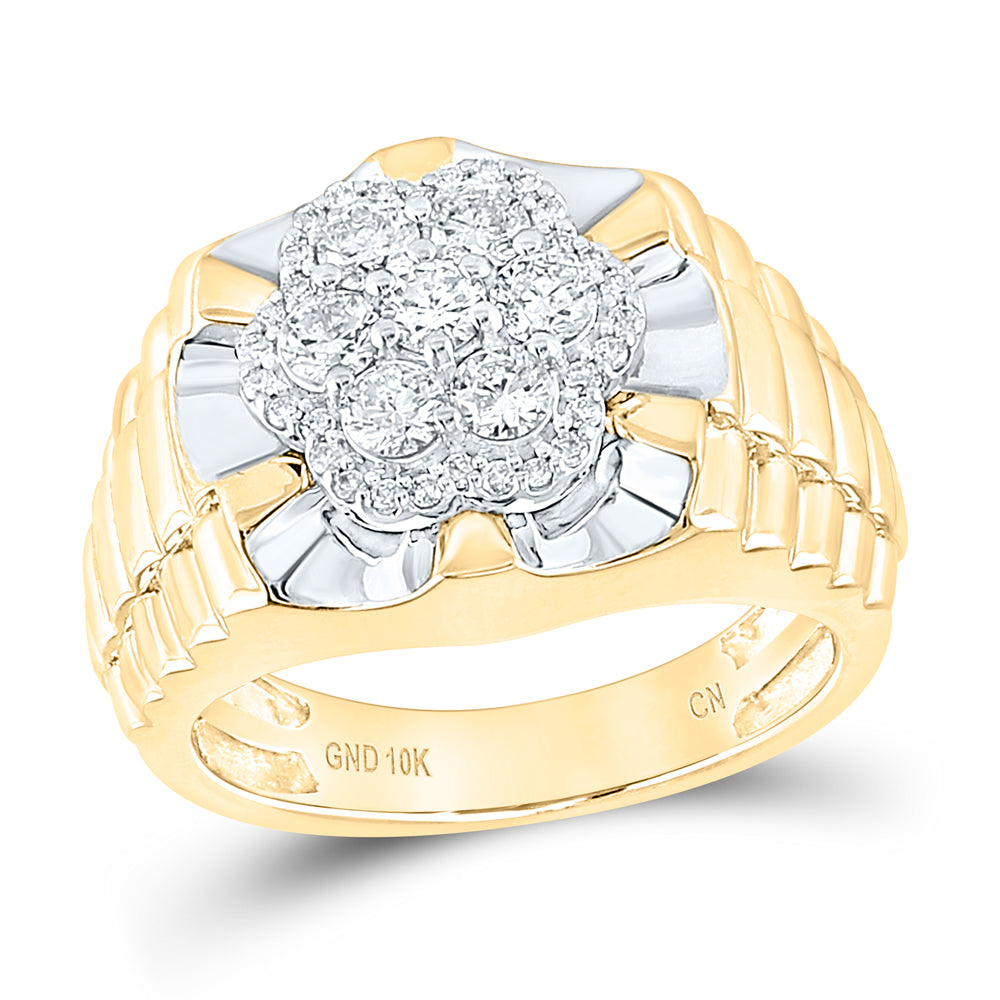 10K Two-tone Yellow White Gold Mens Round Diamond Flower Cluster Ribbed Ring 1 Cttw, Mens Size: 7-13