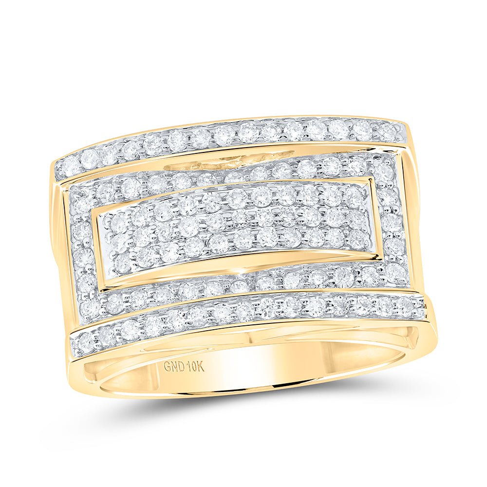 10K Yellow Gold Mens Round Pave-set Diamond Rectangle Cluster Ring 1 Cttw, Mens Size: 7-13