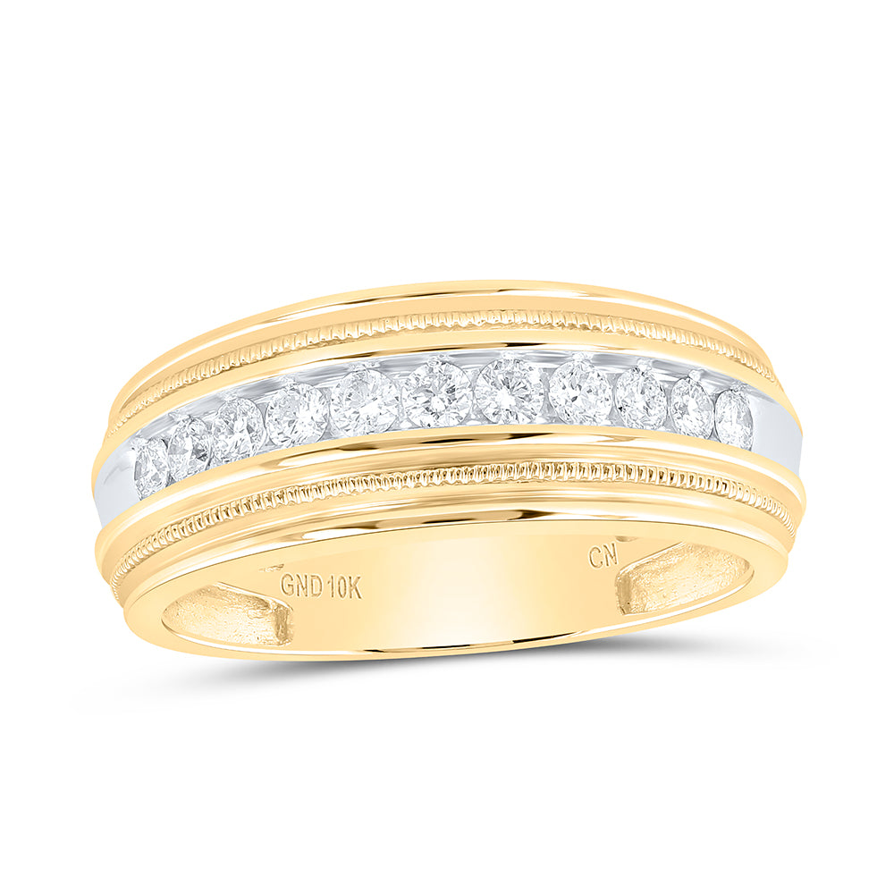 10K Yellow Gold Mens Round Diamond Milgrain Ridged Wedding Anniversary Band Ring 1/2 Cttw, Mens Size: 7-13