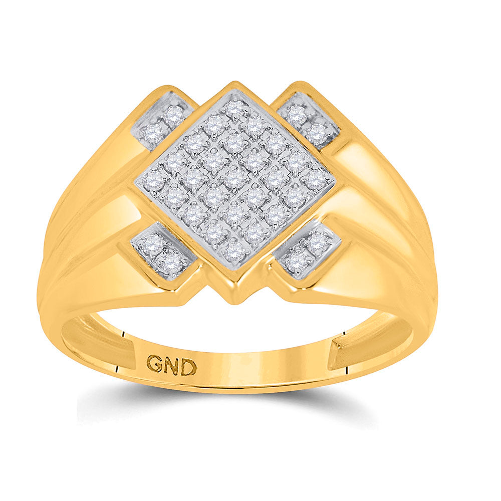 10K Yellow Gold Mens Round Diamond Diagonal Offset Square Ring 1/4 Cttw, Mens Size: 7-13