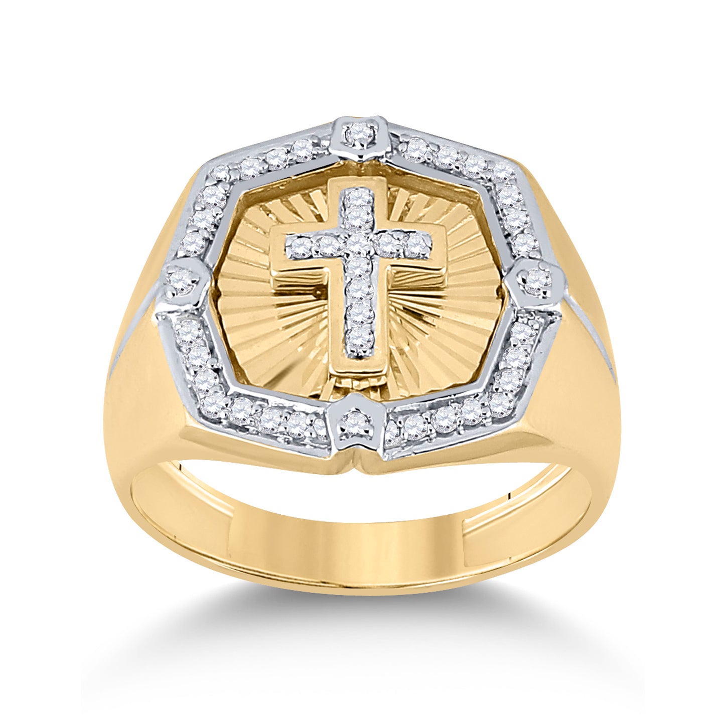 10K Yellow Gold Mens Round Diamond Cross Ring 1/4 Cttw, Mens Size: 7-13