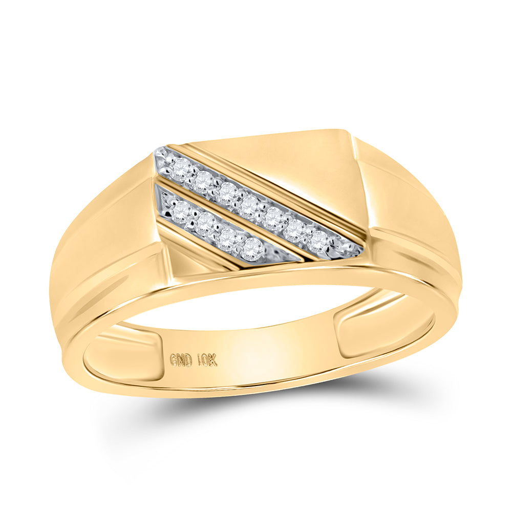 10K Yellow Gold Mens Round Diamond Diagonal Row Flat Top Ring 1/12 Cttw, Mens Size: 7-13