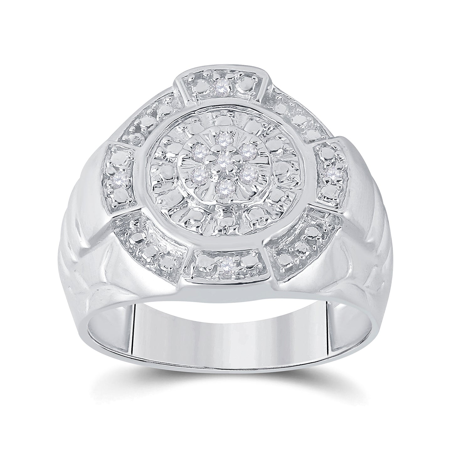 Sterling Silver Mens Round Diamond Circle Cluster Fashion Ring 1/10 Cttw, Mens Size: 7-13